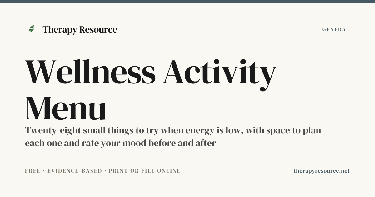 Wellness Activity Menu — Free General Worksheet | Therapy Resource