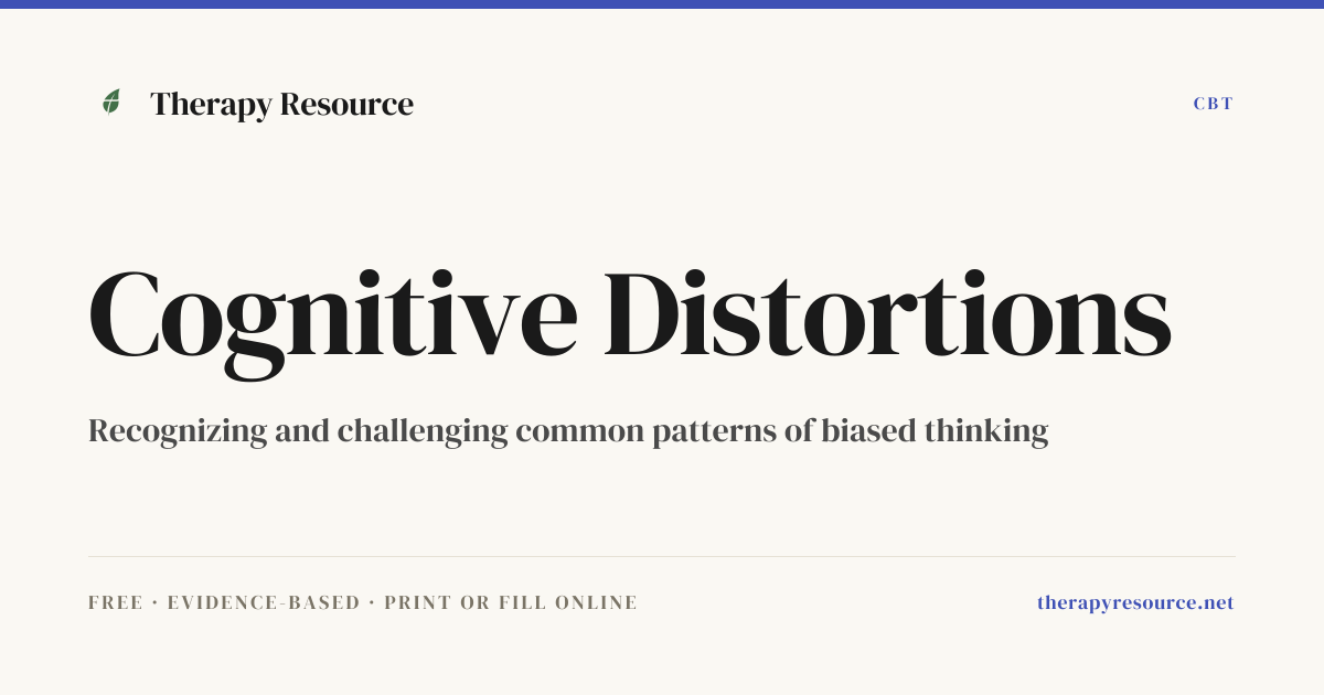 Cognitive Distortions — Free CBT Worksheet | Therapy Resource