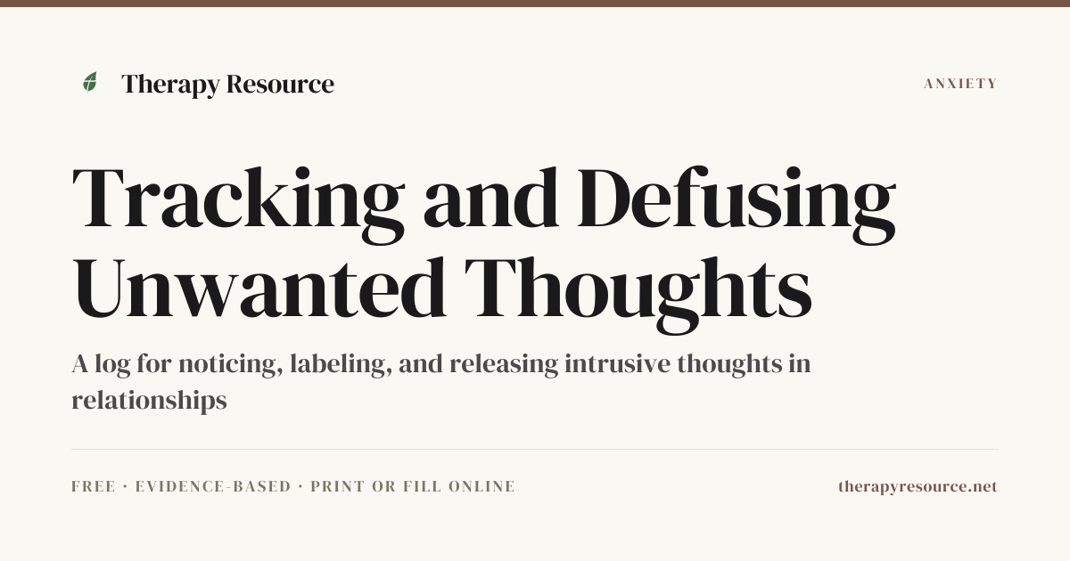 Tracking and Defusing Unwanted Thoughts — Free Anxiety Worksheet ...