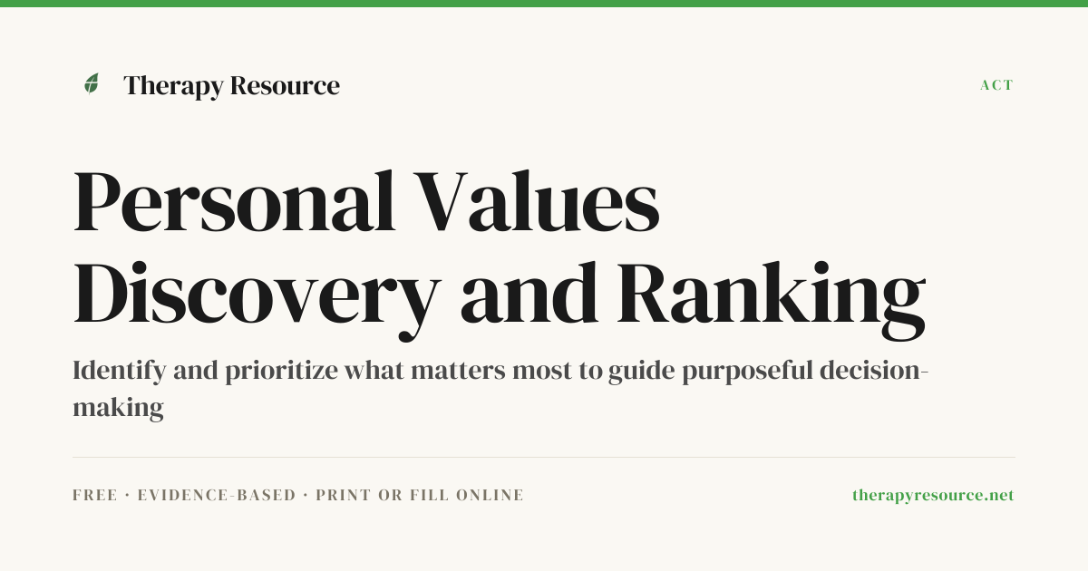 Personal Values Discovery and Ranking — Free ACT Worksheet | Therapy ...
